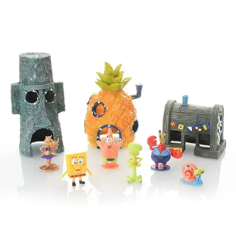 6pcs SpongeBob Fish Tank Decoration Cartoon Aquarium Doll Decorations Pineapple House Fish Shrimp Hideout Aquarium Decoration