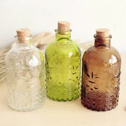 Sunchamo  Zakka Retro Vase Carved 250ml Glass Ball Bottles Tabletop Decorative Fresh Vintage with Cork Wishing Bottle Decoration