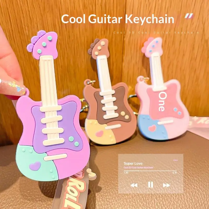 Niedlicher Cartoon-Gitarren-Schlüsselanhänger aus Silikon mit Handschlaufe, Pastell-Design für Taschendekoration, Geschenk für Musikliebhaber – Detail 10