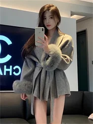 2024Autumn Winter New High-grade Long Sleeved Woolen Coat Socialite Temperament Imitation Fox Wool Korean Tie Gray Woolen Jacket