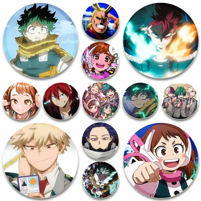 Round Anime Gift Badge Midoriya Izuku Bakugou Katsuki Todoroki Shoto Ochaco Uraraka Cartoon Brooches Bag Accessorie Handmade Pin