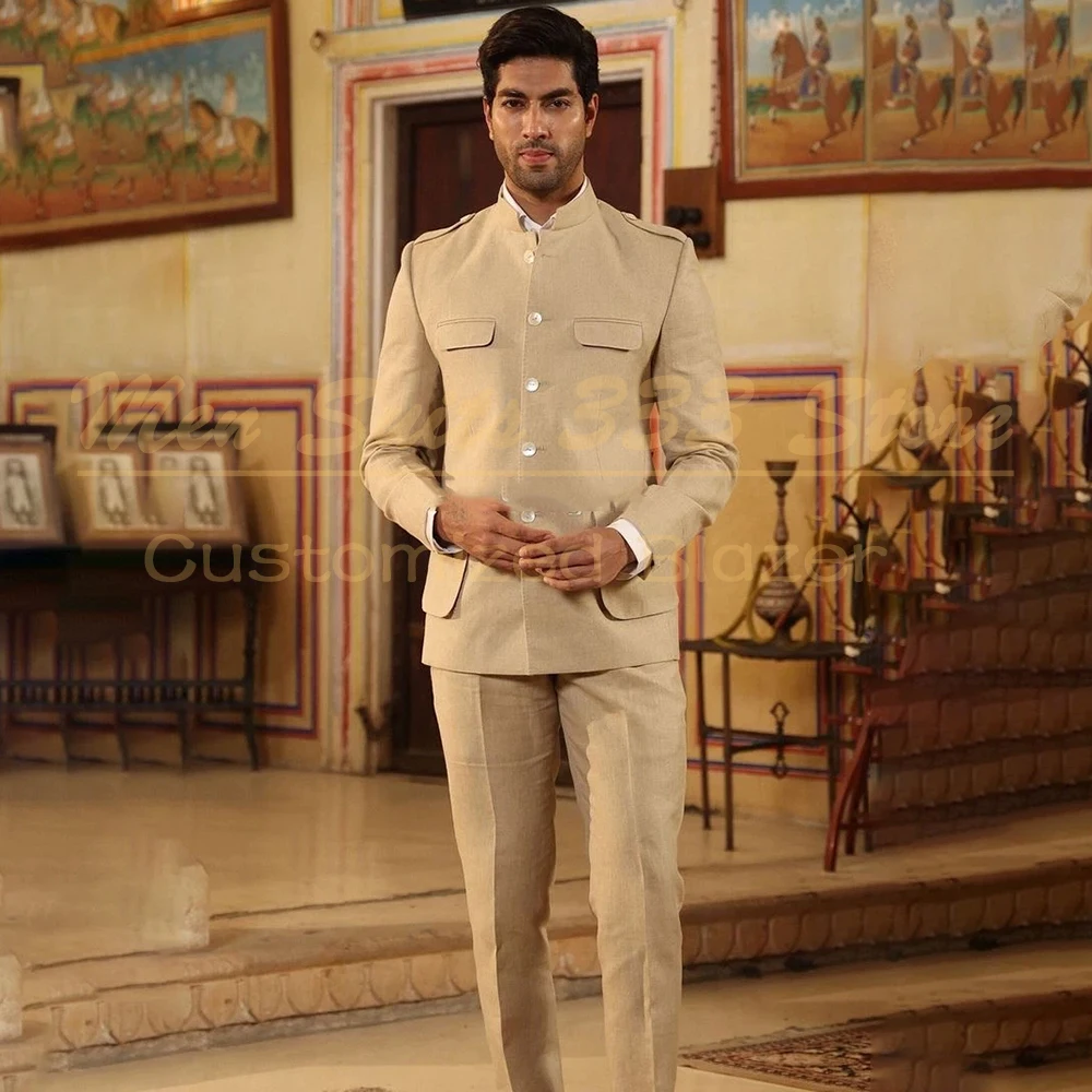 

Safari Men's Suits 2 Piece Jacket Pants Sets Formal Solid Color Single Breasted Stand Lapel Male Clothing Daily Costue Homme