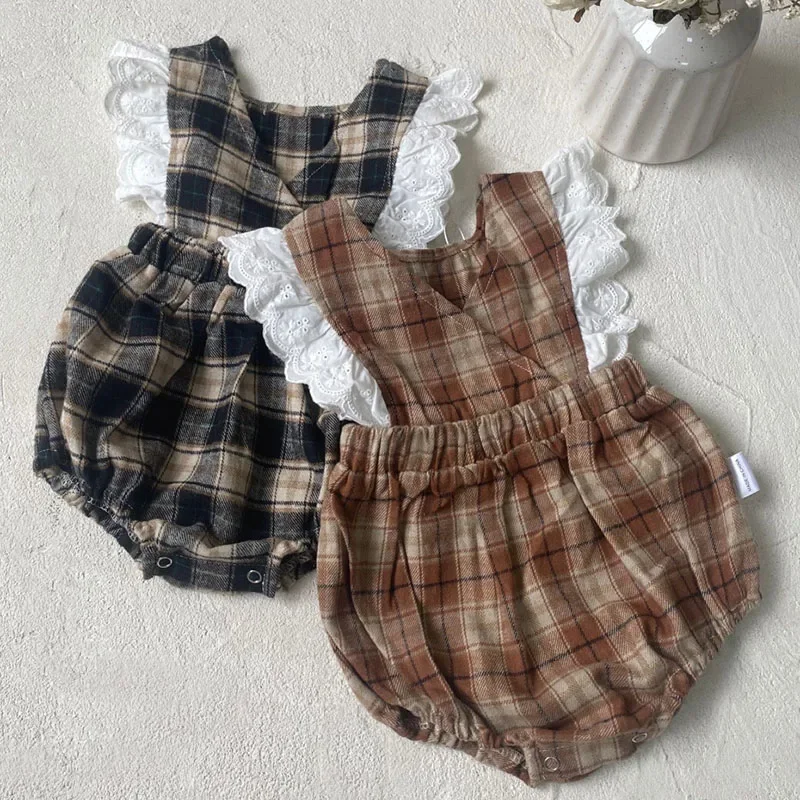

Новинка 2023 года, весенний комбинезон для маленьких девочек, хлопковый клетчатый комбинезон без рукавов в корейском стиле, альпинистский костюм, детская одежда для детей 0-24 месяцев