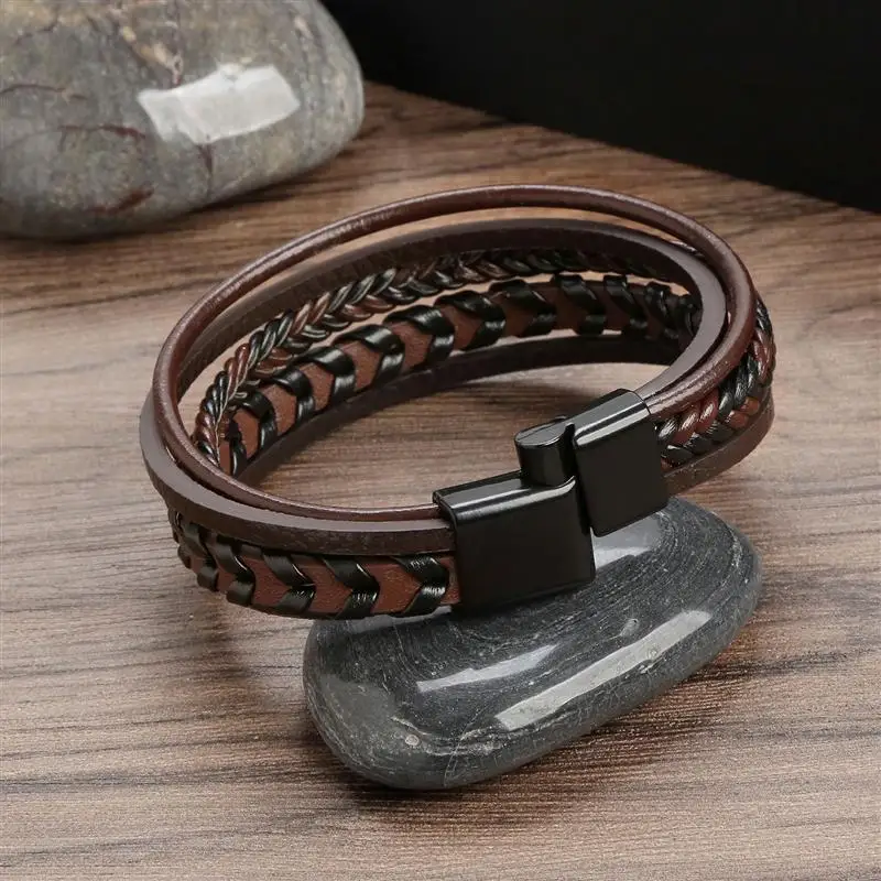 Jiayiqi Fashion Braided Rope Woven Multilayer Leather Men Bracelets Punk Stainless Steel Bangle for Friend Charm Jewelry Gifts