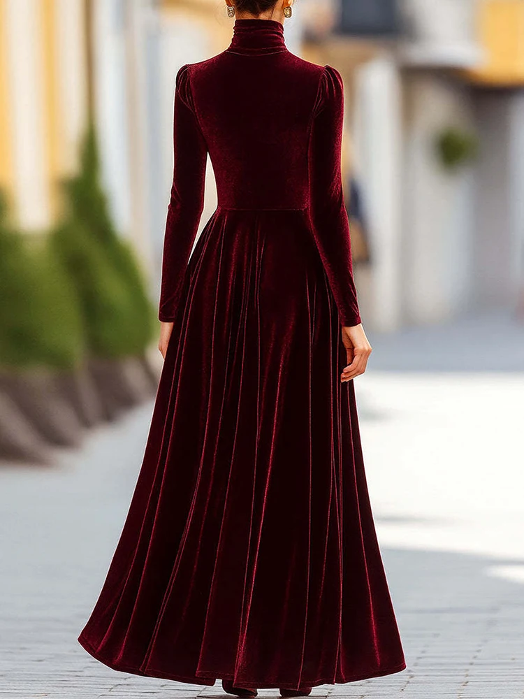 Langärmliges, schlichtes, elegantes Urlaubskleid, Damen-Herbst-Winter-Maxikleid mit halbhohem Kragen, solides Patchwork-Damenkleid