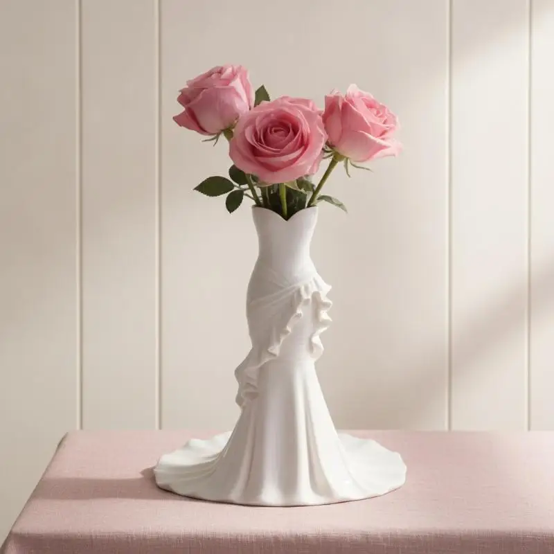 Mermaid Skirt Design Art Vase Elegant White Resin Lady Dress Shaped Vase for Outdoor Patio Table Decoration