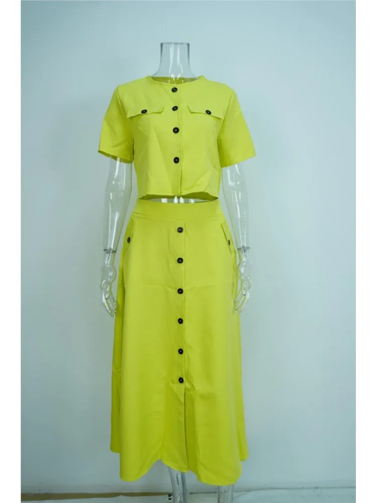 Two Piece Set For Women Summer Short Sleeve O-Neck Button Shirt Commuting Casual 2 Piece Sets Office Elegant Short Sleeves Skirt image 6