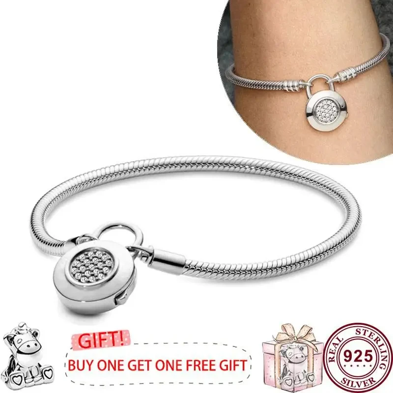 Hot Selling 925 Sterling Silver Shining Love Heart Oath Original Women's Logo Padlock Bracelet Engagement DIY Charm Jewelry