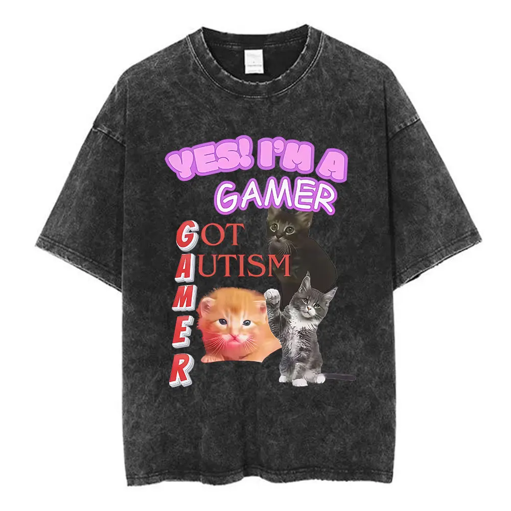 Washed Vintage Autism Is My Superpower Funny Skeleton Meme T-shirts Men's Women Fashion Hip Hop Short Sleeves Casual T Shirts