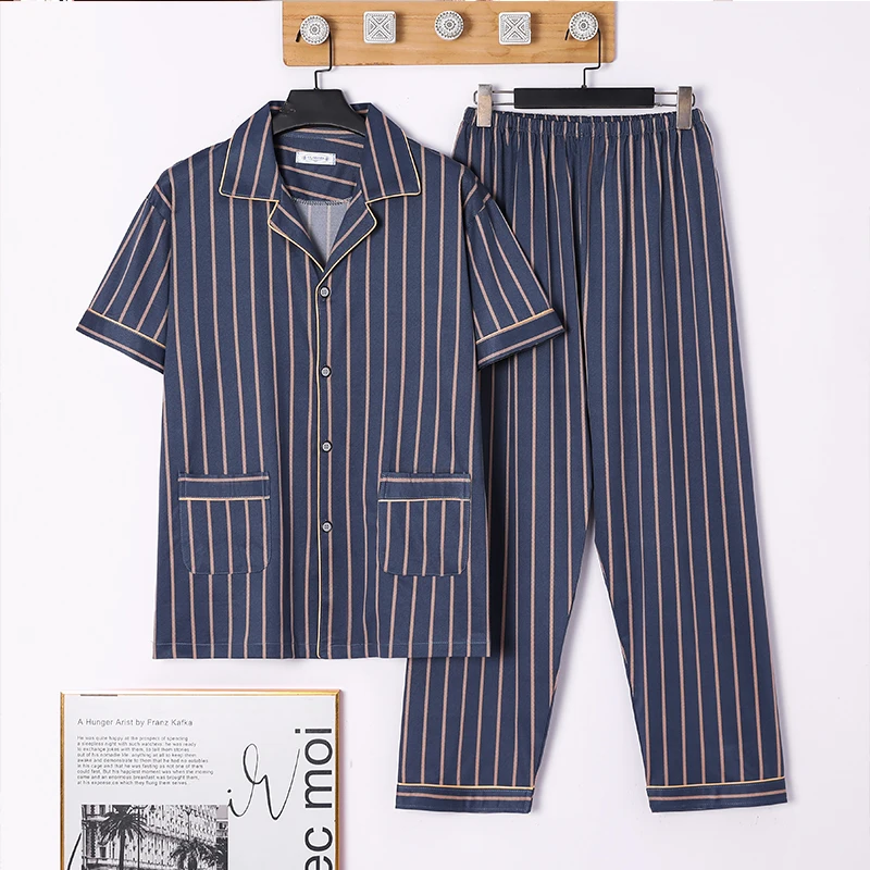 

Spring New Imitation Cotton Men's Pajamas Youth Short Sleeve Long Pants Cardigan Stripe Simple Casual Home Furnishing Set