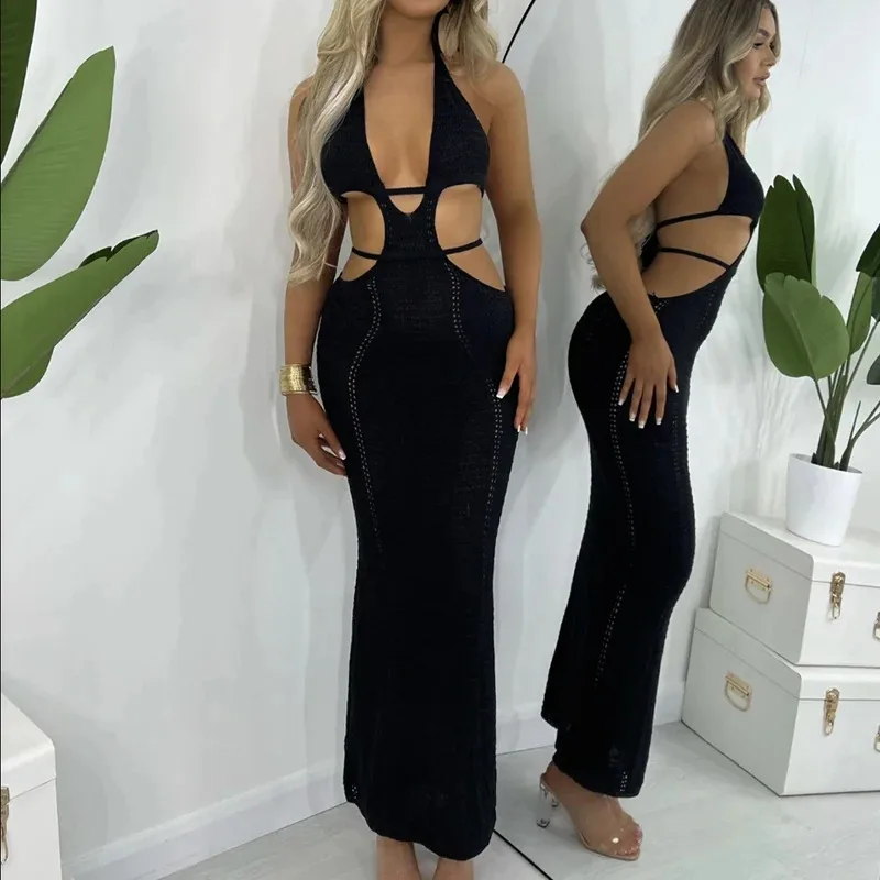 Bonny New Style Hollow Out Backless Tie Up Dress Women Beach Holiday Sun Bathing Sunscreen Dress Knitting Beachwear Cover Up