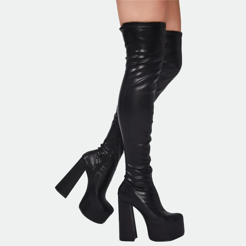 Arden Furtado 2024 Autumn Elastic PU Platform Over the knee boots Round toe Side zipper Super high heel Modern boots