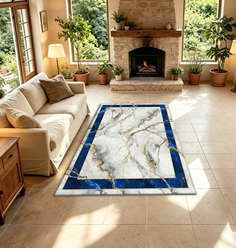 Luxury Marble Gold Vein Carpet Flooring Blue Border Modern Elegant Home Interior Ornament Carpet For Living Space