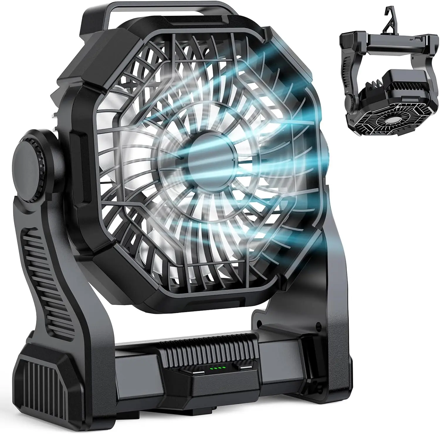 

Перезаряжаемый 10-дюймовый вентилятор для кемпинга: 10000 мАч, светодиодная подсветка, крючок, USB, для наружного использования.