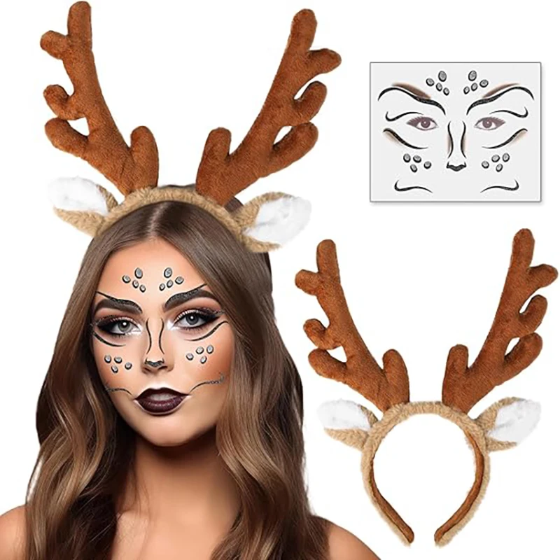 Reindeer Antlers Headband & Face Tattoos, Deer Ears Animal Headpiece Fluffy with Temporary Face Sticker Gem Cosplay Deer Costume