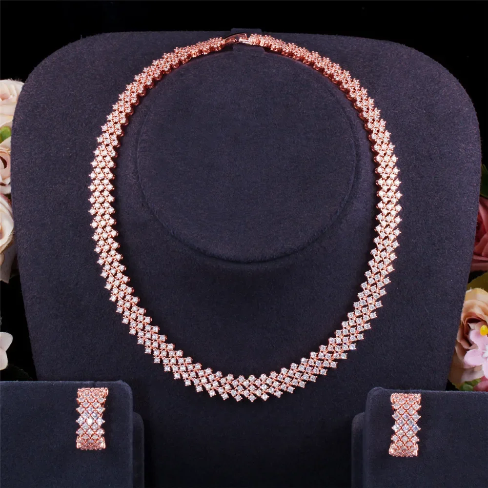 Korean Fashion Popular Bride Full Rhinestone Earrings Necklace Set AAA Cubic Zirconia Wedding Banquet Chain Choker Women Gifts