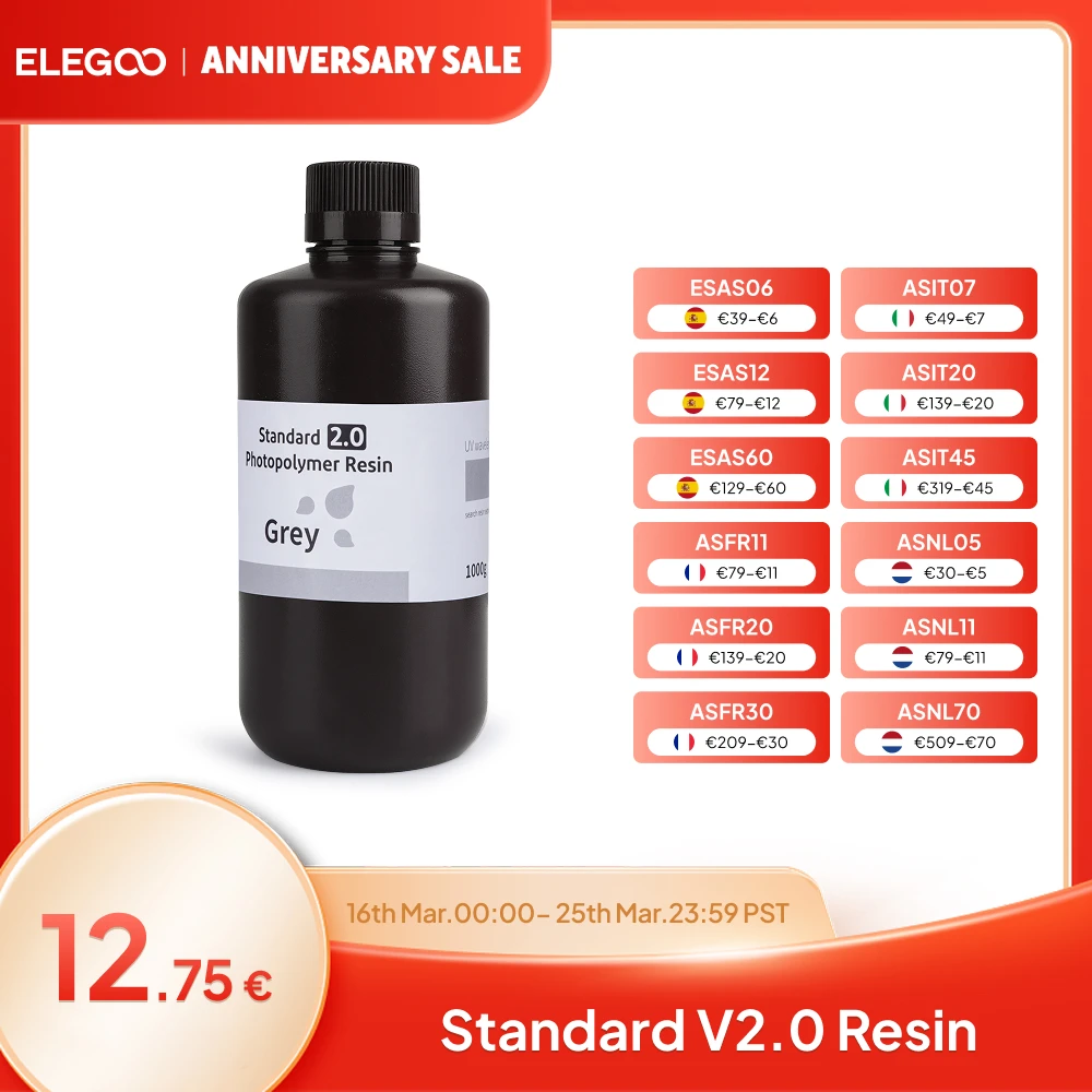 Elegoo Standard Resin V2.0 Matériau d'impression 3D pour imprimante 3D série MARS SATURN avec haute précision et faible odeur gris 1 kg