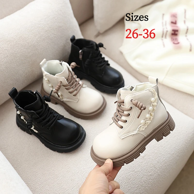 Girls Pearl Ankle Boots Leather Non Slip Flat Sole Kids Fashion Shoes for Toddler All Season Soft Non-Slip Children Boots Shoes