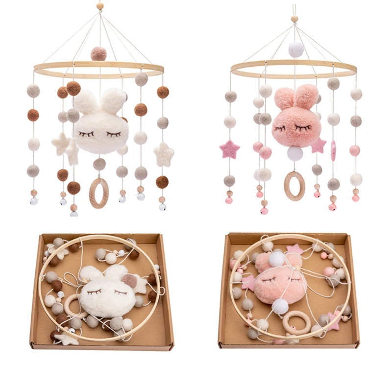 Baby Rattles Crib Mobiles Toy Cotton Rabbit Pendant Bed Bell Rotating Music Rattles For Cots Projection Infant Wooden Toys