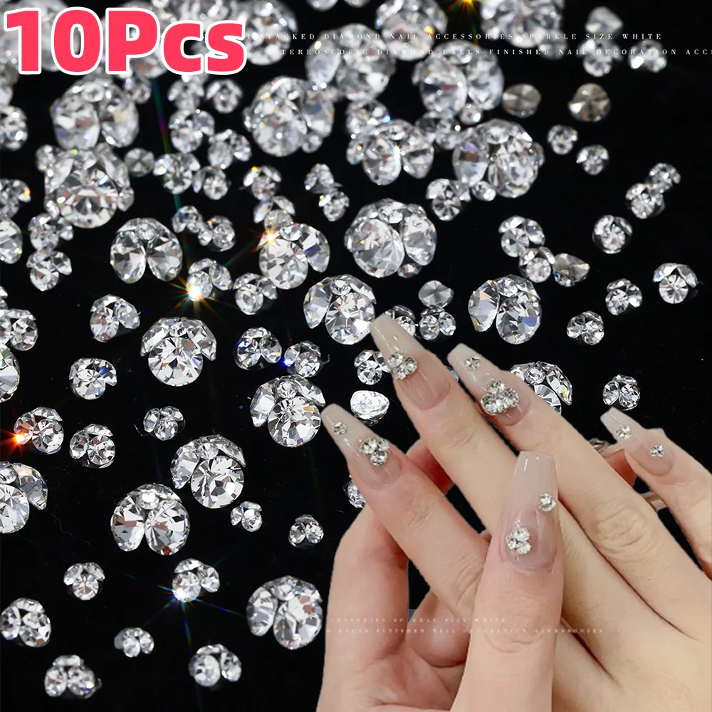 10Pcs 3D K9 Clear Nail Art Rhinestones 2-6mm Sparkle Mini Diamonds Nail Art Decorations DIY Phone Case Crafts Manicure Accessory