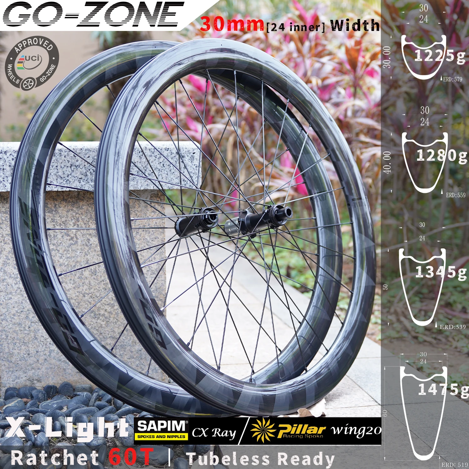 

700c X Light Carbon Wheelset Ratchet 60T Disc Brake Gravel 30mm Sapim / Pillar Tubeless Ready UCI Approved Road Bike Wheels