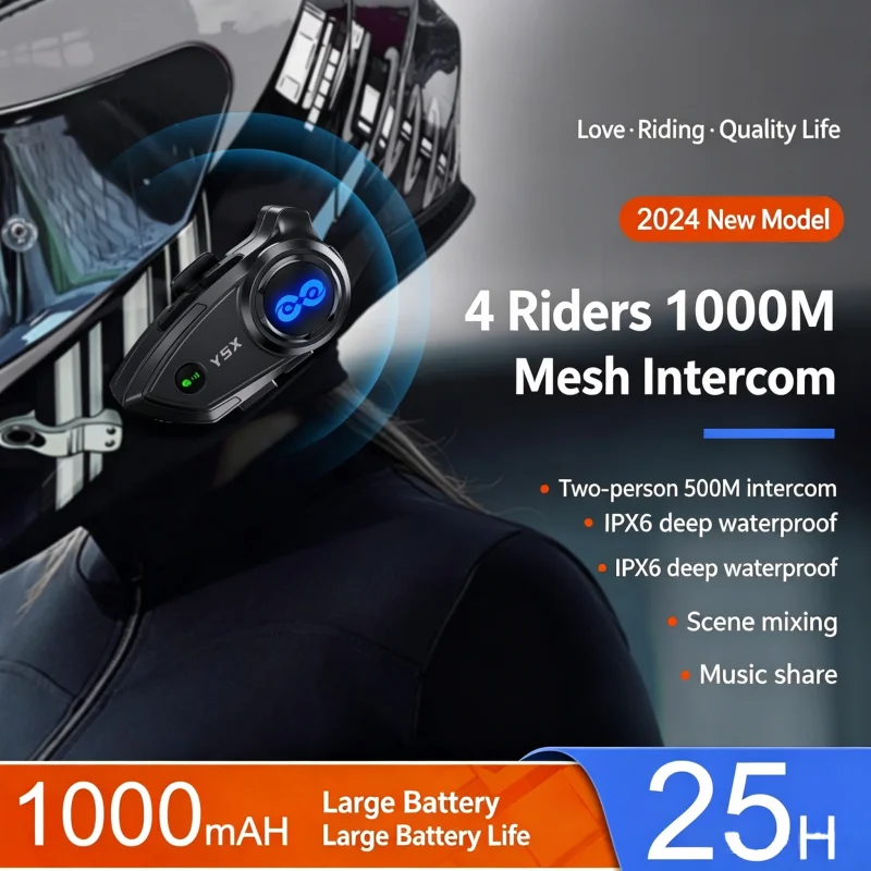 Motorcycle Helmet Bluetooth Headset Y5X 4 Riders Mesh Intercom Music Share Waterproof Dustproof Noise Reduction Moto Headphone