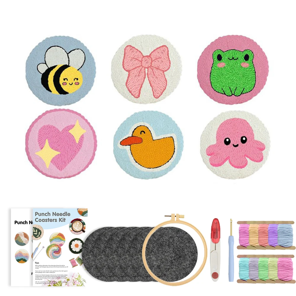 

Owl Punch Needle Coaster Kit 6Pcs Crafts Punch Needle Coasters Kits Tufted Rug Pads with Adhesive Felt Yarns Embroidery Hoop