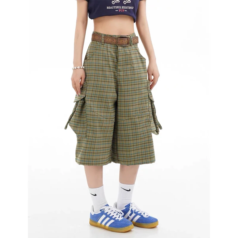 

ZHIZOU женские прямые брюки с высокой талией и принтом в клетку, уличная одежда-карго Y2K, эстетические винтажные шорты 2000-х годов, женские широкие шорты, брюки