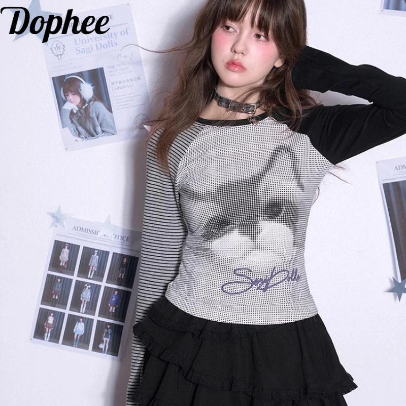 Dophee Hot Chick Color Block Long Sleeve T-shirt Cartoon Printing O-neck Pullover Top All-match Women Slimming Basic Tees 2025