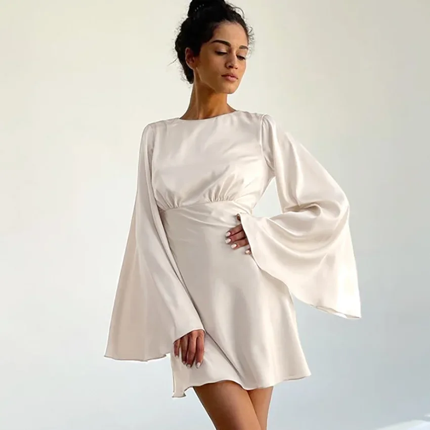 white lace fitted prom dress ASHLEYlauren 11381 Satin Gown with Feather Flare Sleeves main image 0