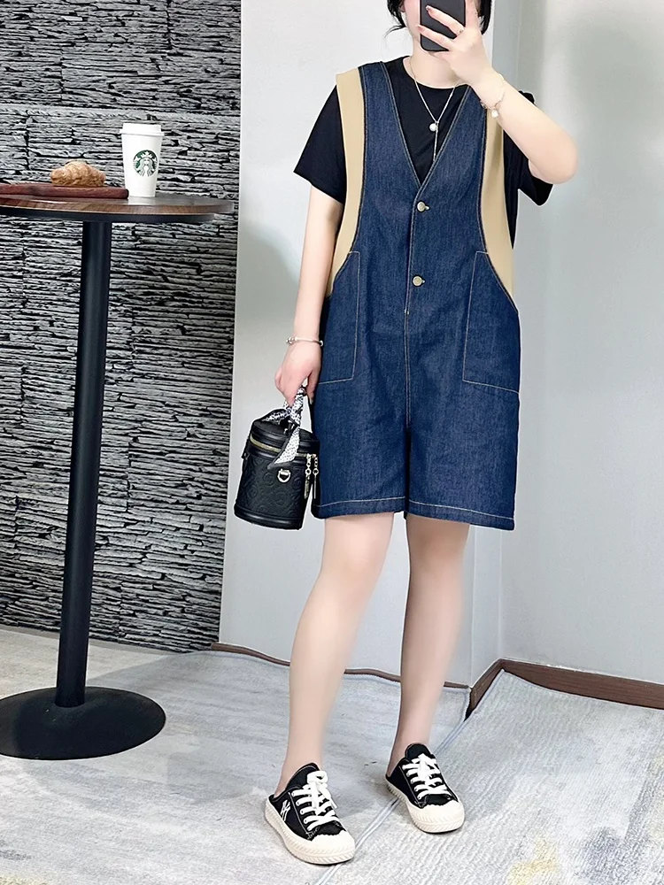 

Faionable plus Size Denim Onesie Set Women's Summer Slimming ort orts Street Sle Two-Piece Suit Commute Straight Leg ...