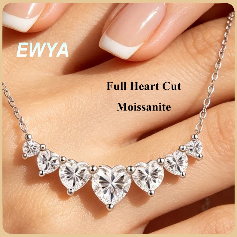 EWYA 7-Stone Full Heart Cut Moissanite Pendant Necklace for Women Lady s925 Silver Pass Diamond Test Neck Chain Necklaces Gift