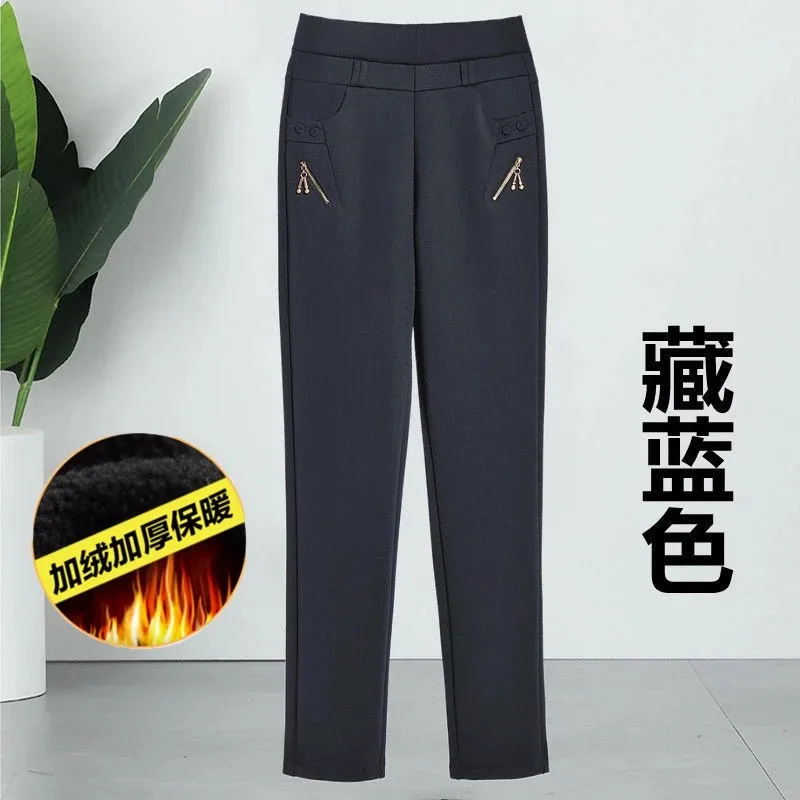 Middle Aged Women Autumn Winter High Waist Elastic Pants Casual Slim Straight Long Trousers For Mom