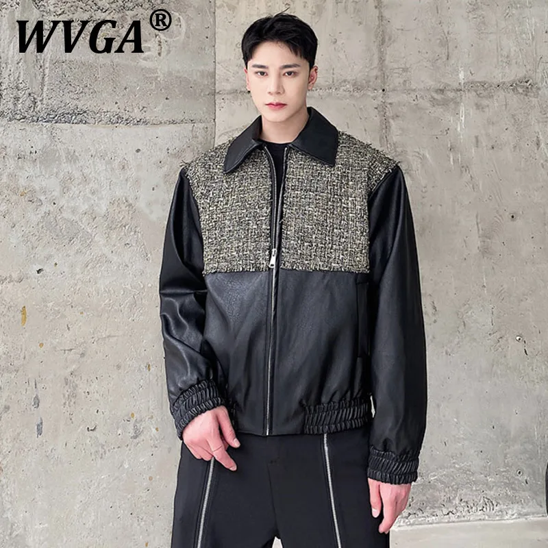 

WVGA Spring Autumn New Men's Tide High Street Casual Elegant Patchwork Trendy Leather Jacket Niche Chic Fashion Coats Ins W10545
