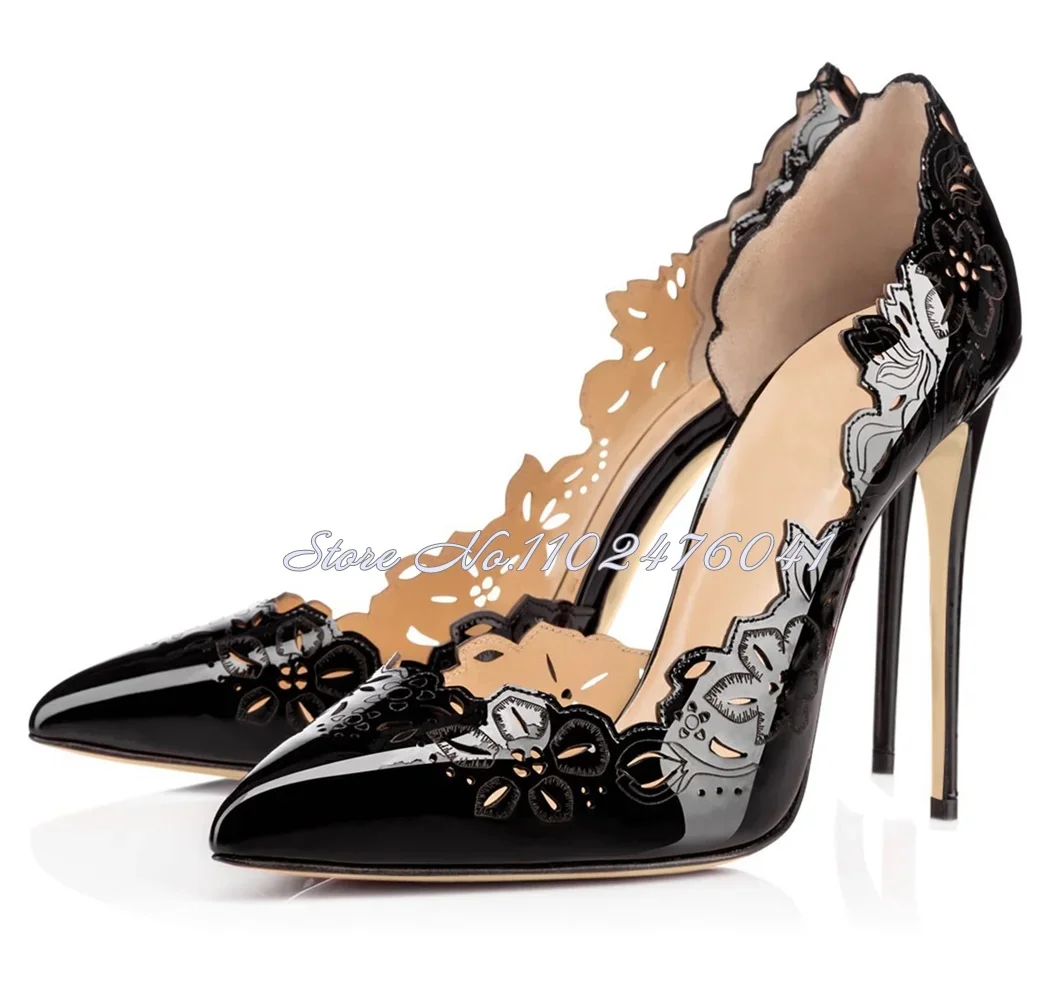 

Women White Black Carved Hollow Flowers Wedding Shoes Patent Leather Cut-out Floral Dress Pumps Irregular Cut Pointed Toe Heels