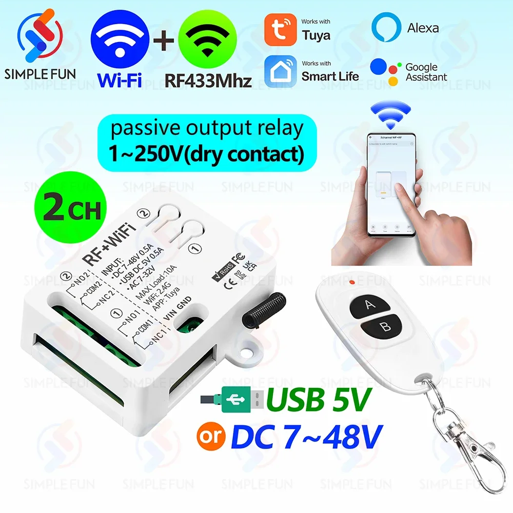 Tuya WiFi RF433Mhz Smart Light Switch 2-CH,DC 5V 12V 24V 48V,1-250V Dry Contact Relay,work with Alexa Google Home,for Lamp/Motor