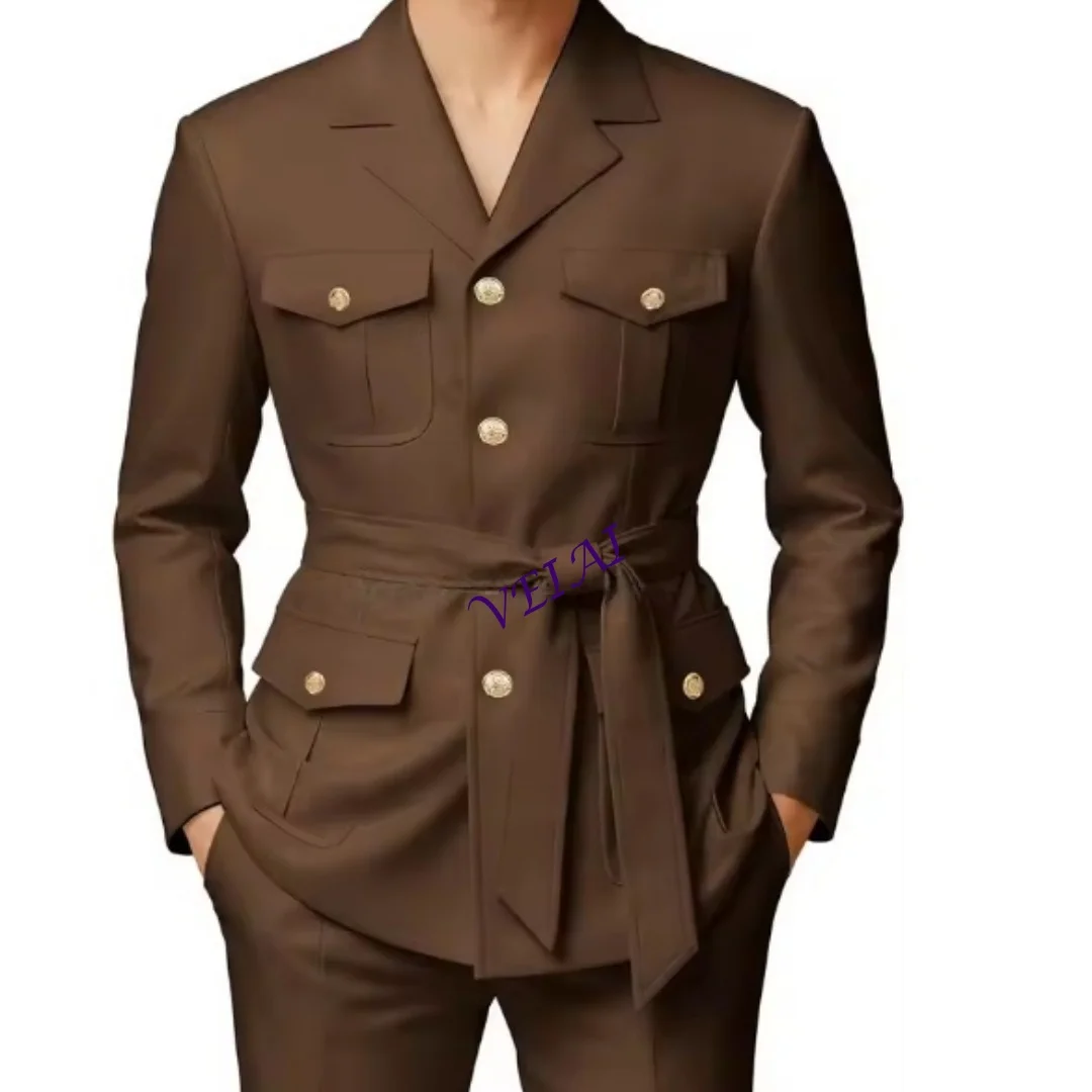 Customized 2 Piece Slim Fit Vintage Chinese Men's Suit Single Breasted Multi-Pocket Blazer And Pants Set for Special Occasions