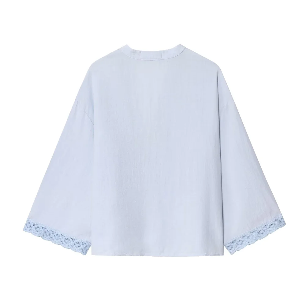 Damska jednokolorowa koronkowa krótka koszula z dekoltem w szpic i długimi rękawami, jednorzędowa, jesienna, nowa, modna koszula na co dzień