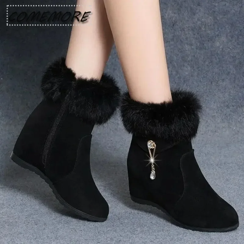 Winter Fashion Women's Wedges Ankle Boots Increasing Height Shoes High Heels Booties Metal Rhinestone Botas Plus Size Anti Slip