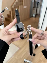 Apple Watch用ダブルツルレザーストラップ,40/44mm,iwatch 49用,ウルトラse8 7 6 5 4 3 38mm/42mm,ステンレス鋼チェーン,iwatch用,41/45mm