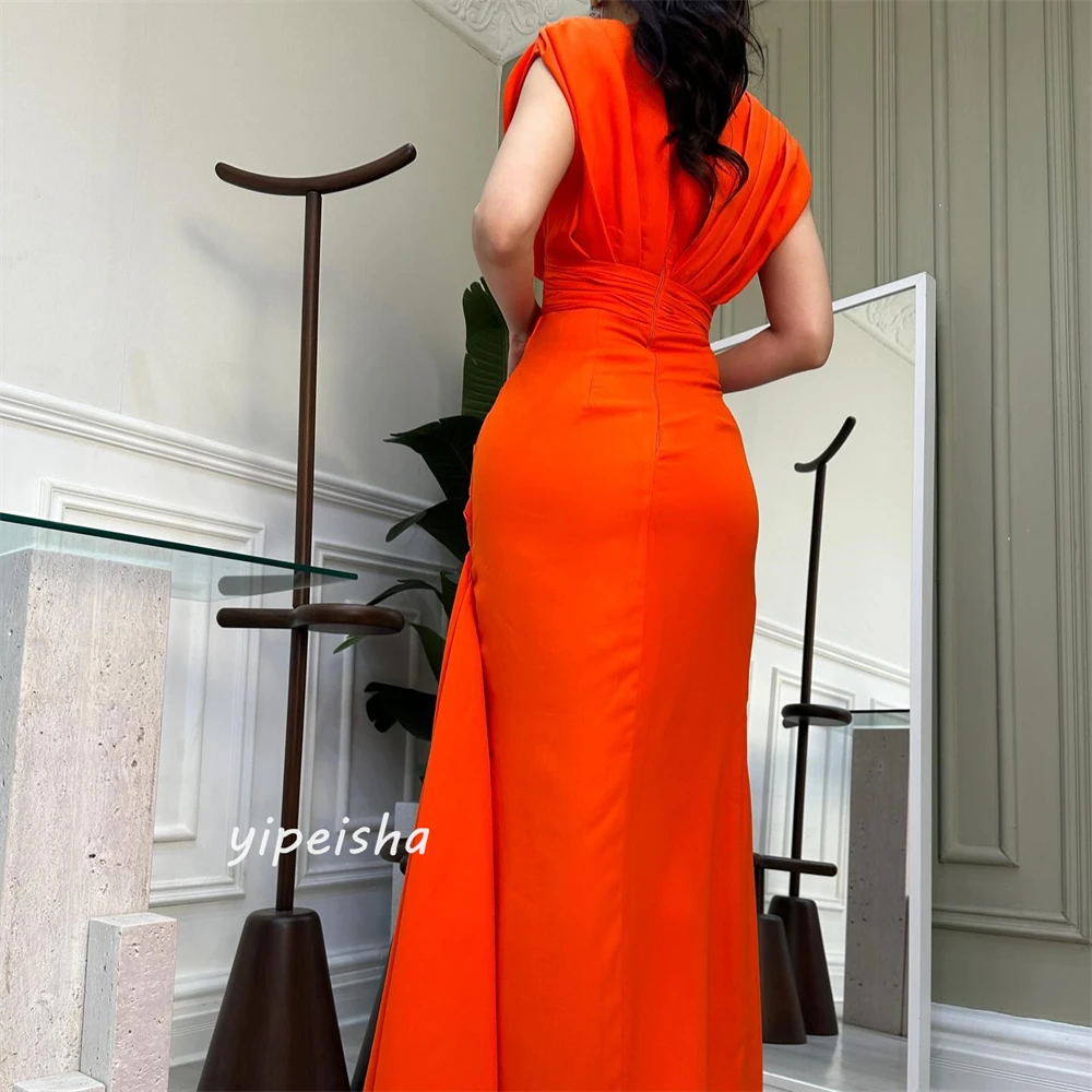 Jiayigong  Satin Ruched Cocktail Party A-line High Collar Bespoke Occasion Gown Midi Dresses