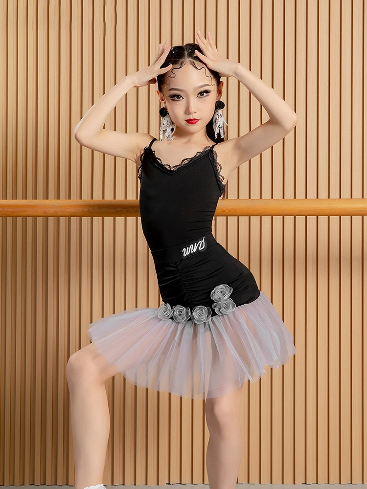 2024 New Girls Latin Dance Costume Kid Black Sling Tops Lace Skirt Practice Set Childrens Samba Dance Performance Clothing XH715