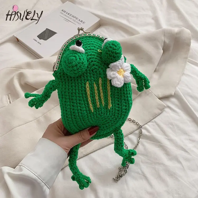 

Creative Hand-Knitted Frog Small Cellphone Crossbody Bag Funny Cartoon Kiss Lock Chain Shoulder Bag Cute Crochet Frog Handbag