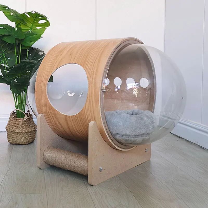 

Cat tower tree Space Capsule Cat Bed with Dual Scratching Posts Round Wooden Cat House Transparent Comfortable All Seasons