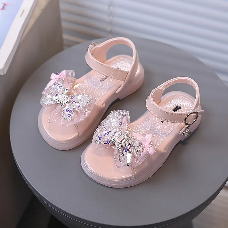 2026 Girls Summer Sandals with Bow Rhinestone - Soft Cushion Sole Breathable Toddler Shoes for Beach Daily Play