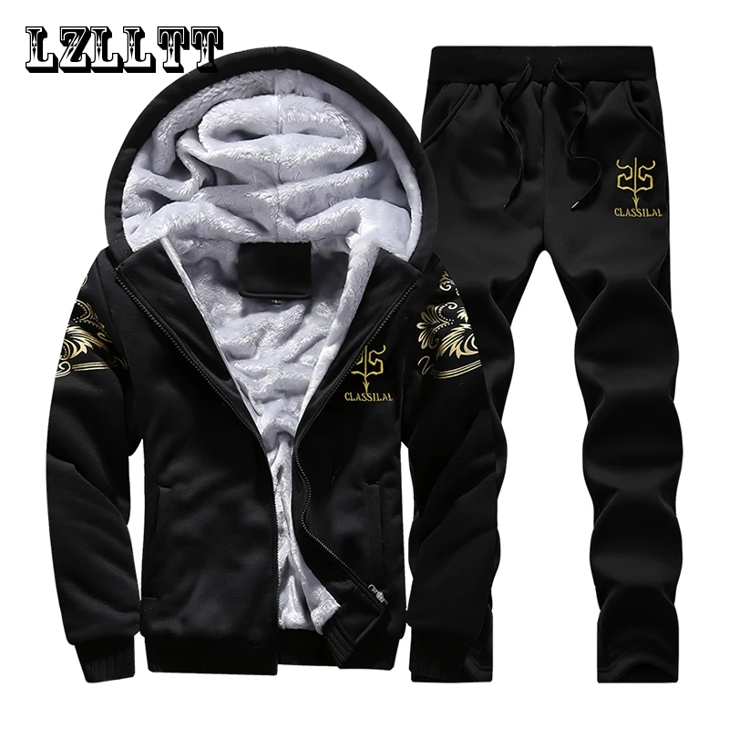 

6XL флисовый мужской зимний комплект, модный повседневный спортивный костюм, толстая толстовка + брюки, спортивная одежда, мужской зимний теплый верхний костюм с капюшоном