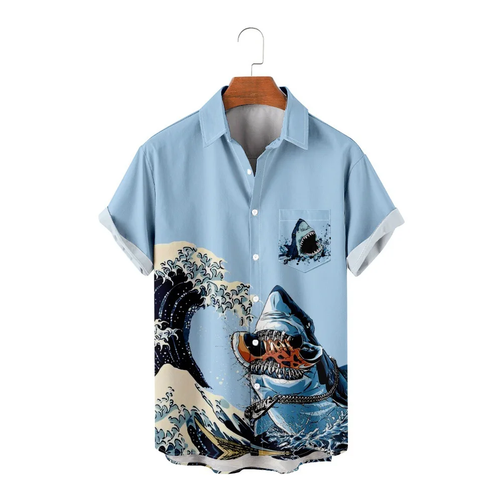 Harajuku Trendy Luxury shark 3D Print Men Single Breasted shirt Casual Women Blouse Short Sleeve Summer Flip collar shirts Tops