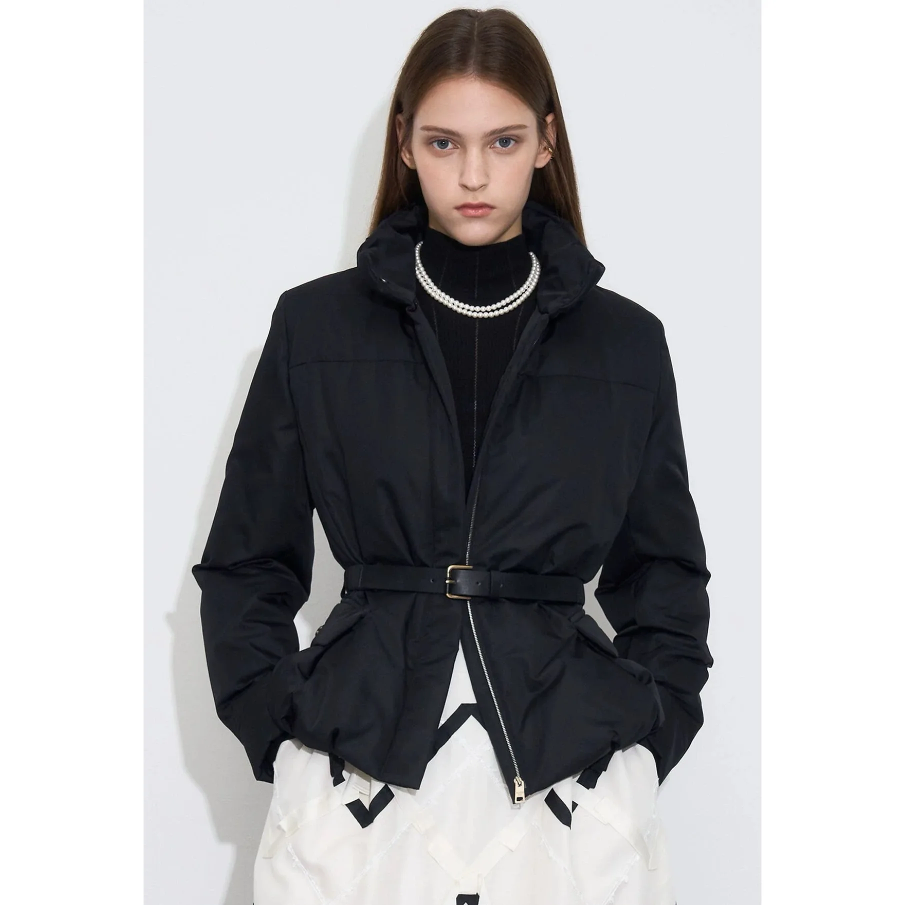 세련된 하이 칼라 슬림핏 구스다운 재킷 두 가지 색상 레몬 치즈 OBZ25 가을 출퇴근용 슬림 스트레이트 튜브 코트