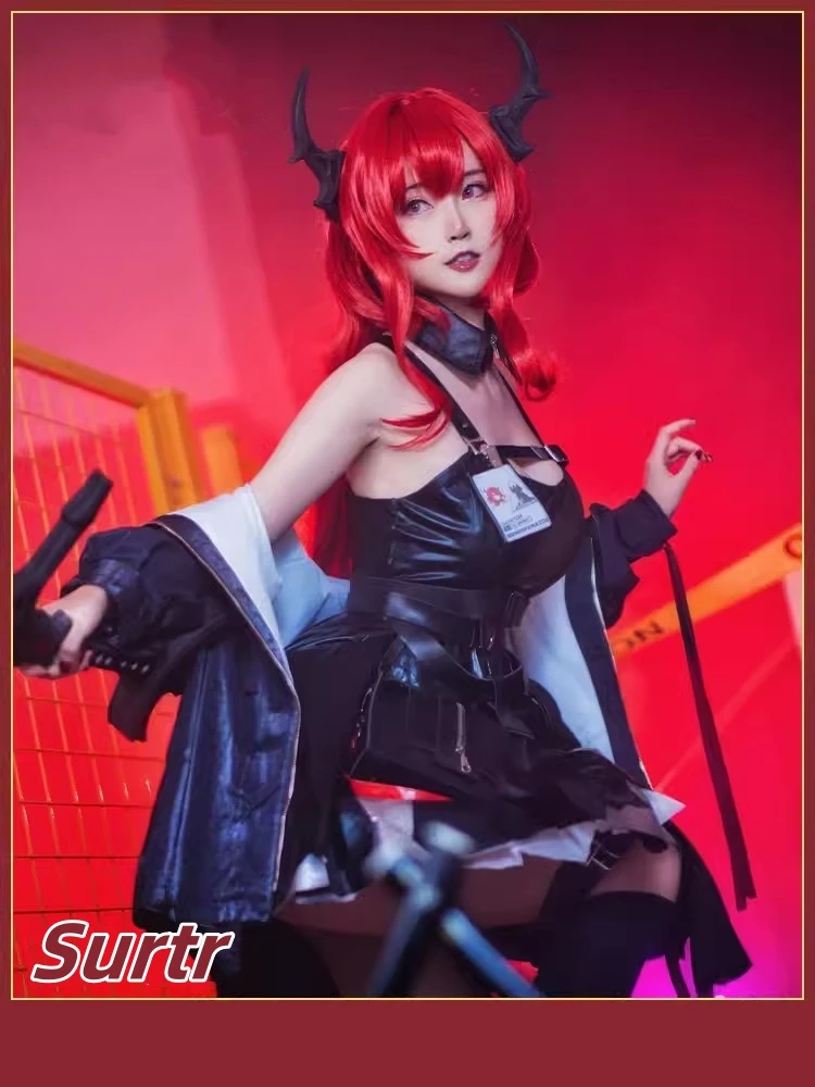 Arknights Surtr Cosplay Traje com Peruca Feminina, Terno Conjunto Completo, Jaqueta Preta, Vestido de Halloween, Festa de Carnaval, Roupa de RPG