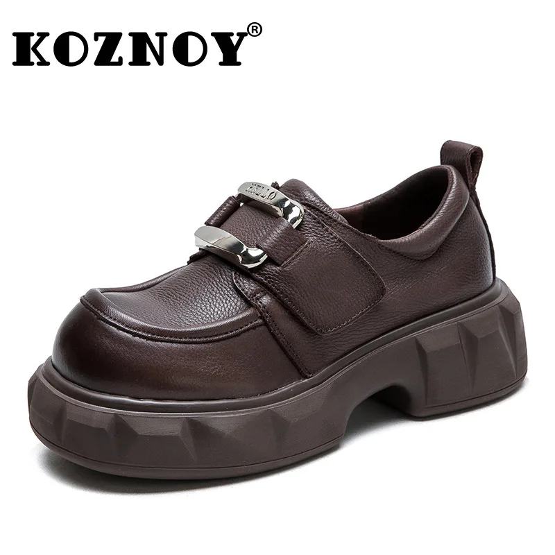 Koznoy 5.5cm Natural Genuine Leather Comfy Flats Women Mary Jane Loafers Ankle Boots Booties Autumn Spring Platform Wedge Shoes